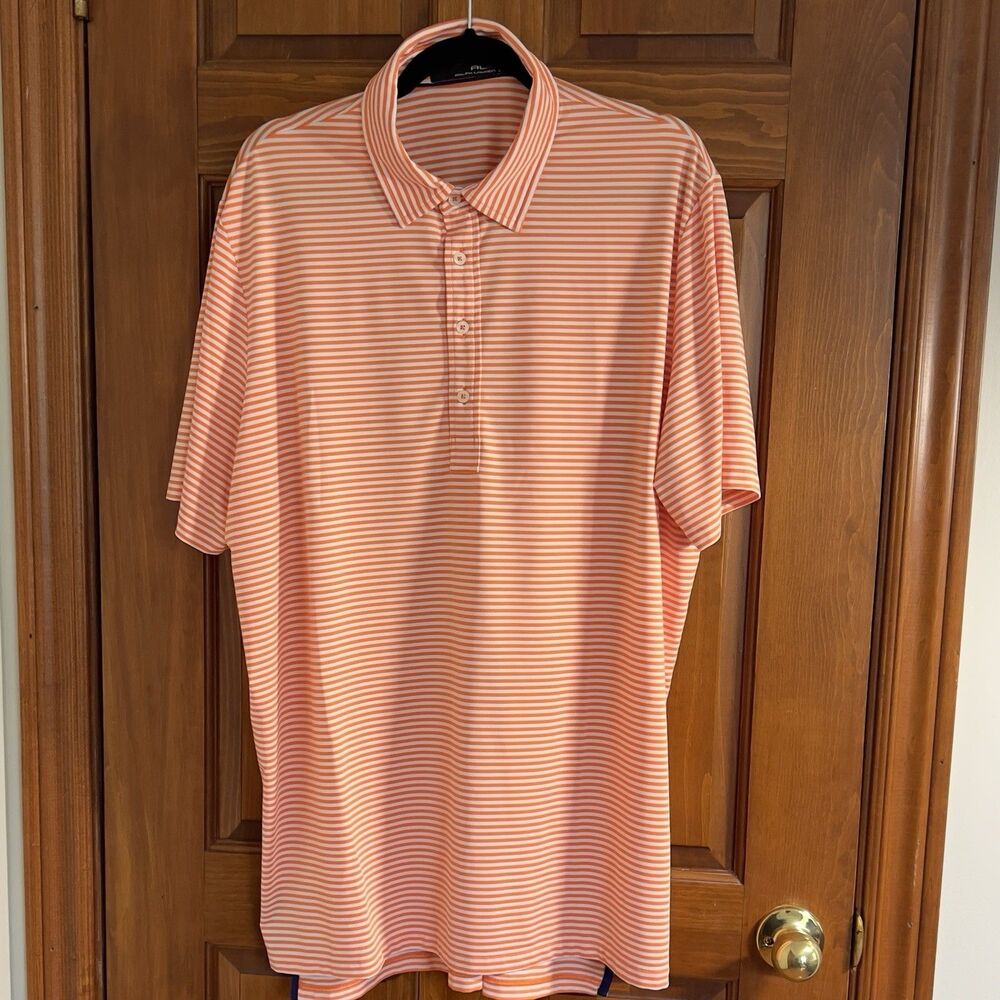 RLX Ralph Lauren Orange White Striped Polo Shirt Men's XL Performance Golf
